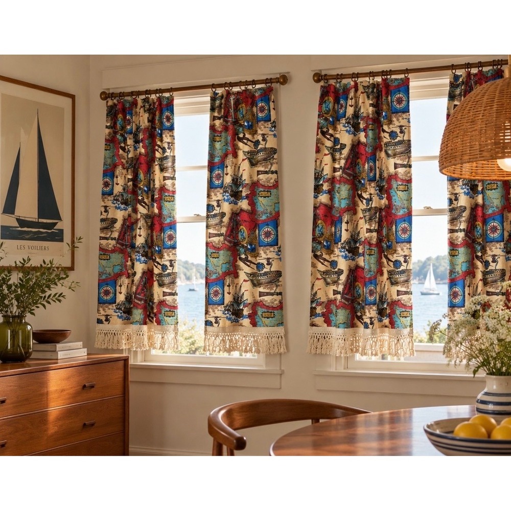 Vintage JC Penny Nautical Map Curtains 2 Panels Folk Art Americana 27x50